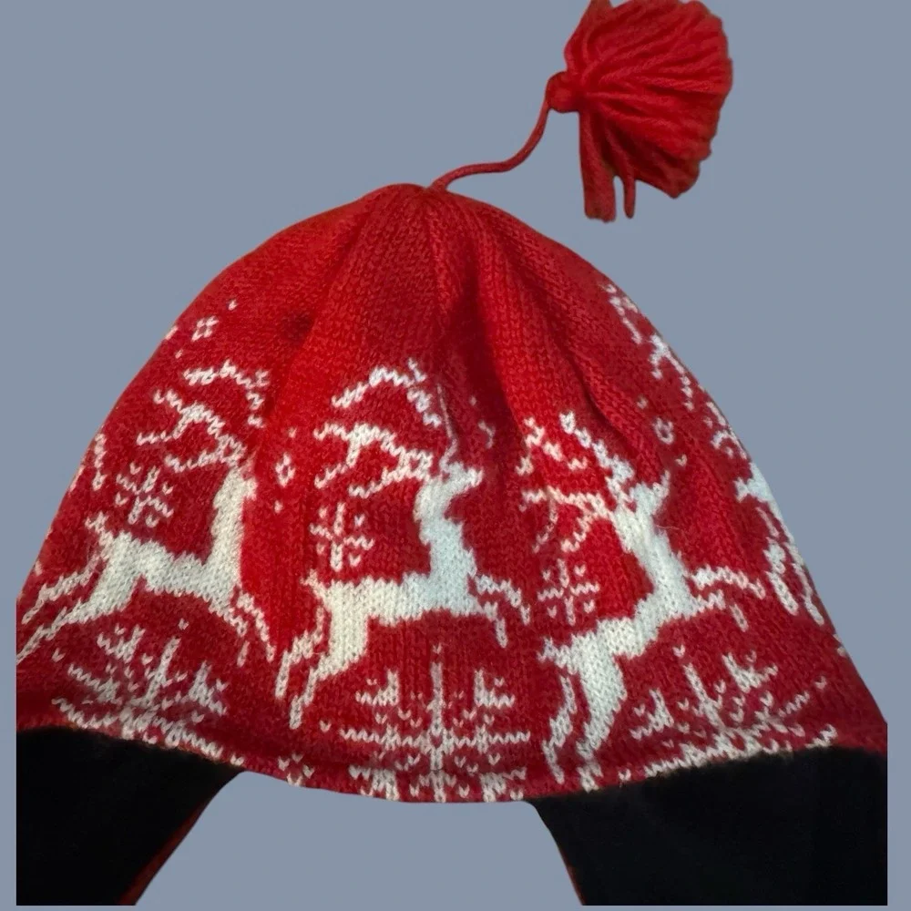 Vintage Dale of Norway Red Wool Hat Tassel Ear Flap Fair Isle Reindeer Youth M